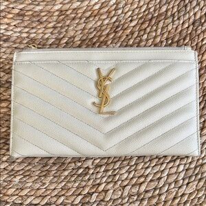 Saint Laurent Cream Quilted Leather Zip Pouch with Gold YSL Monogram